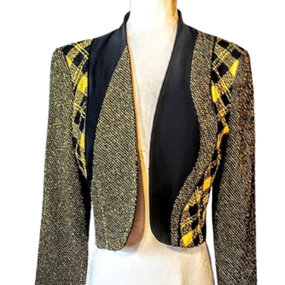 1990s Vintage Black & Yellow Color Blocked Cropped Short Jacket Mixed Fabrics - Picture 5 of 7